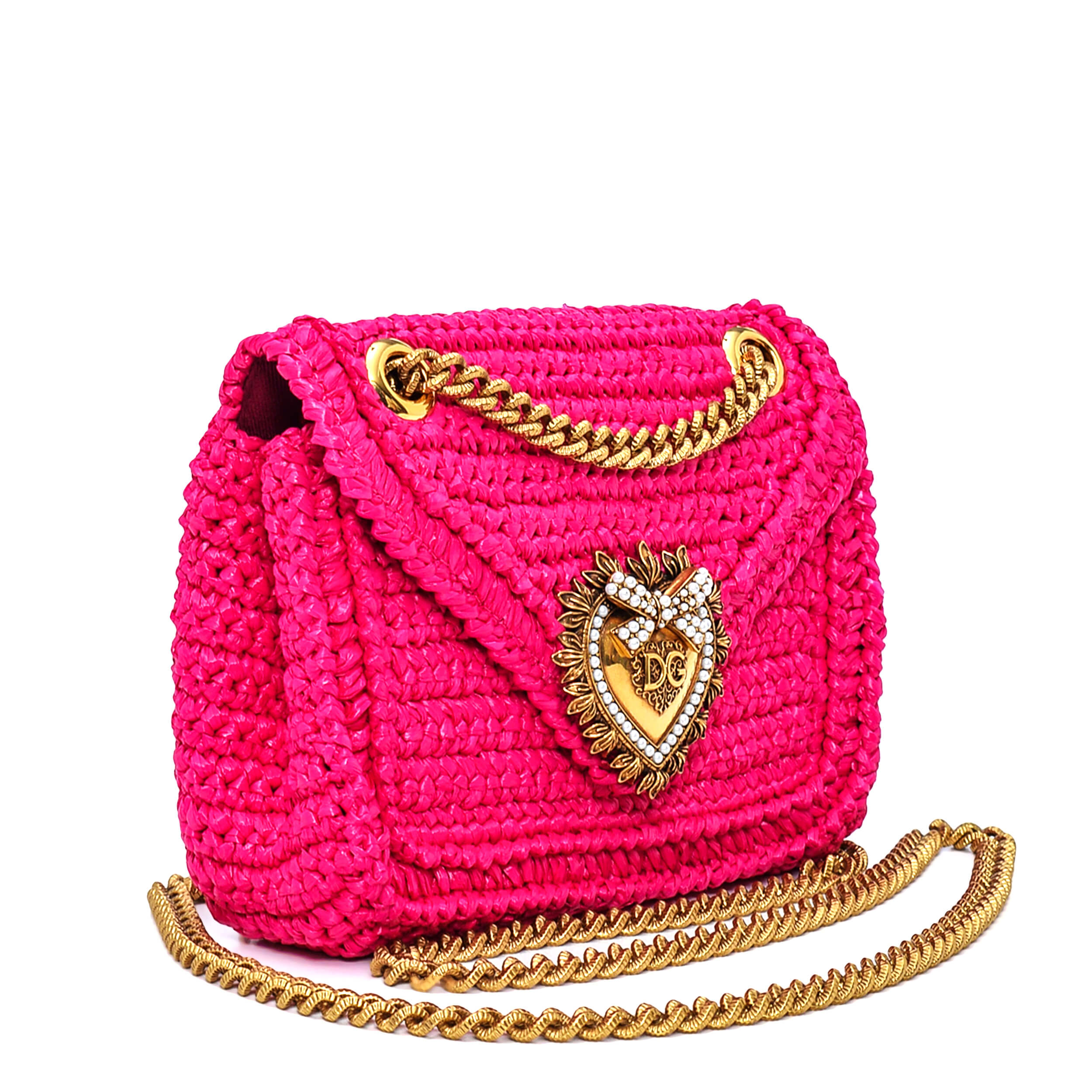 Dolce&Gabbana - Pink Crochet Raffia Devotion Small Bag